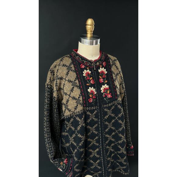 Icelandic Designs Brown Black Floral Embroidered Scandigirl Wool Knit Sweater - Picture 8 of 12
